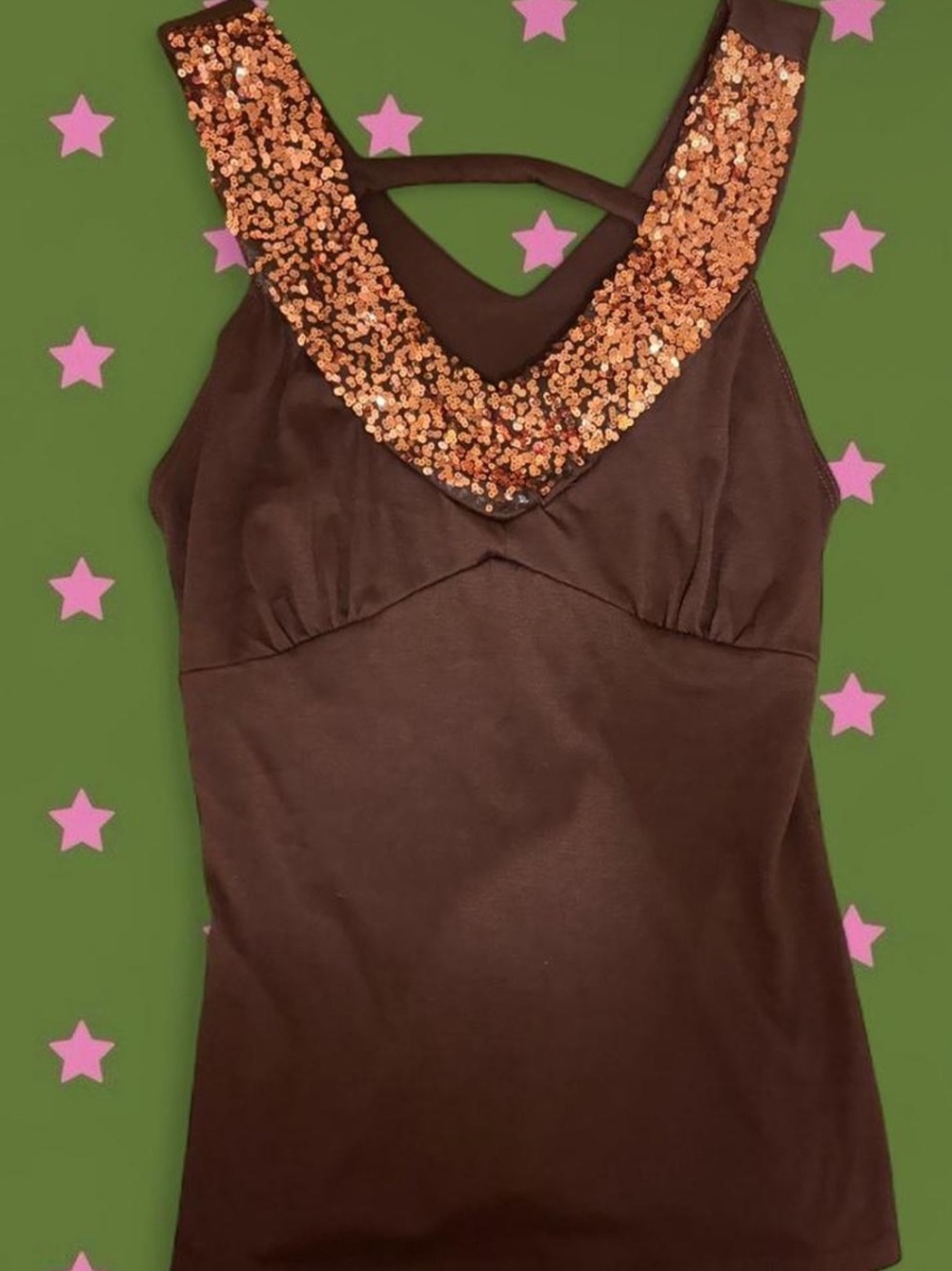 Y2K Brown Sequin-Trim Tank Top